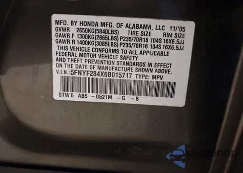 2006 Honda Pilot Ex z USA, uszkodzony, nr VIN 5FNYF284X6B015717